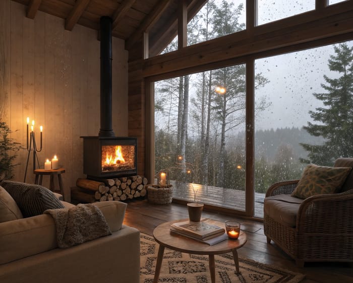 Cozy Living Room with a Glowing Fireplace