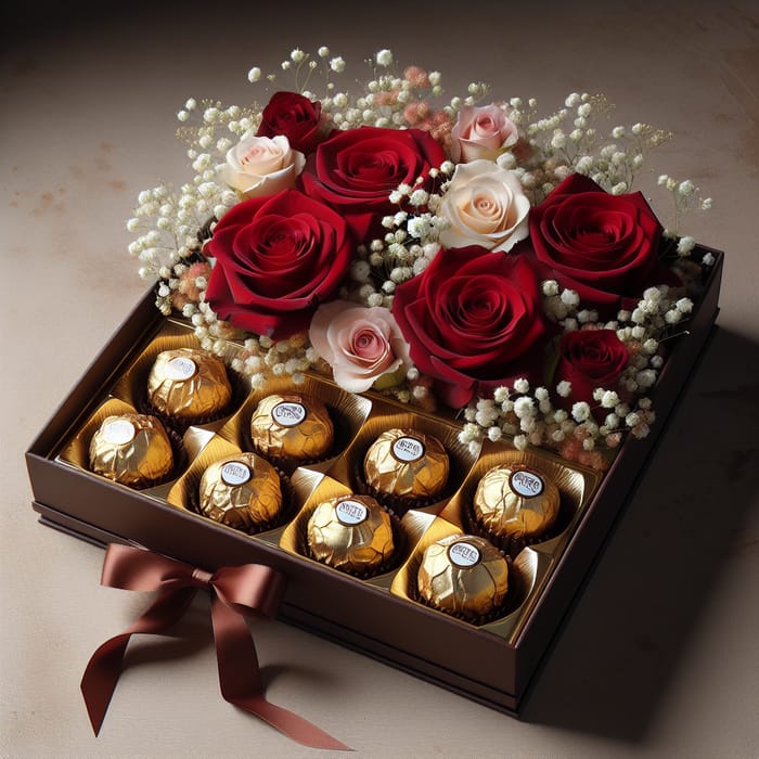 Exquisite Gift Box with 6 Ferrero Rocher Chocolates & 3 Roses