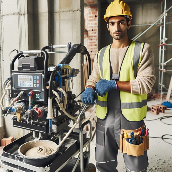 South Asian Worker Plastering with Mechanized Equipment