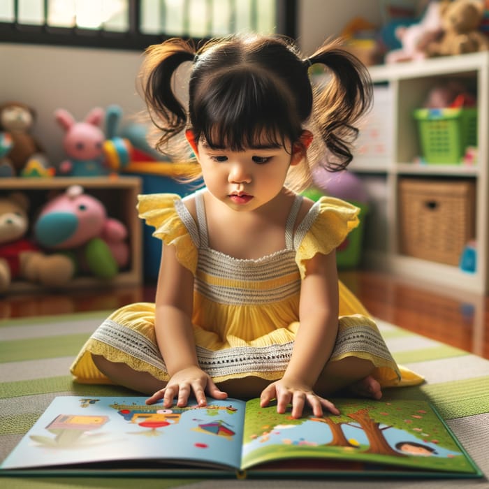 Adorable 4-Year-Old Girl Reading Picture Book