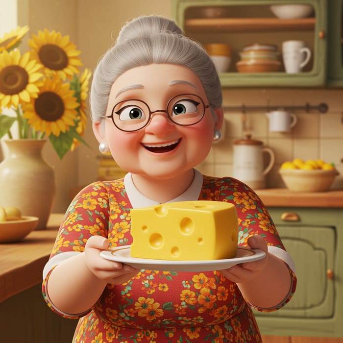 Cute Animated Grandma with Cheese - Disney Style