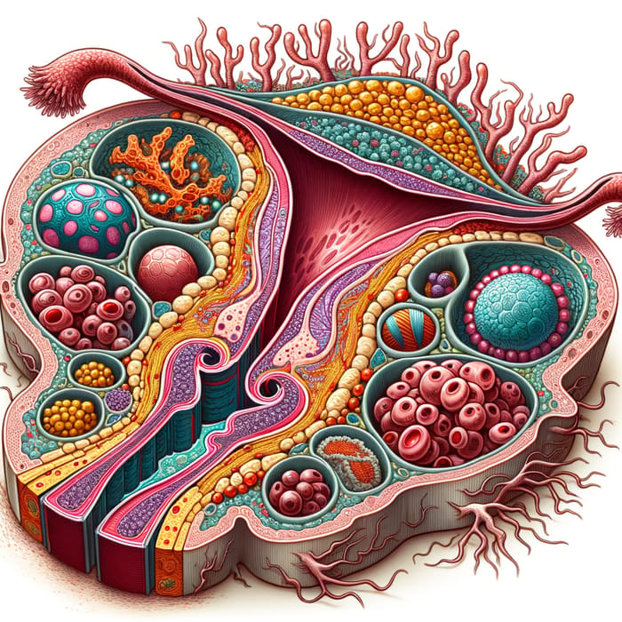 Illustration of Endometrial Tissue: Epithelial Cells, Glands & Blood Vessels