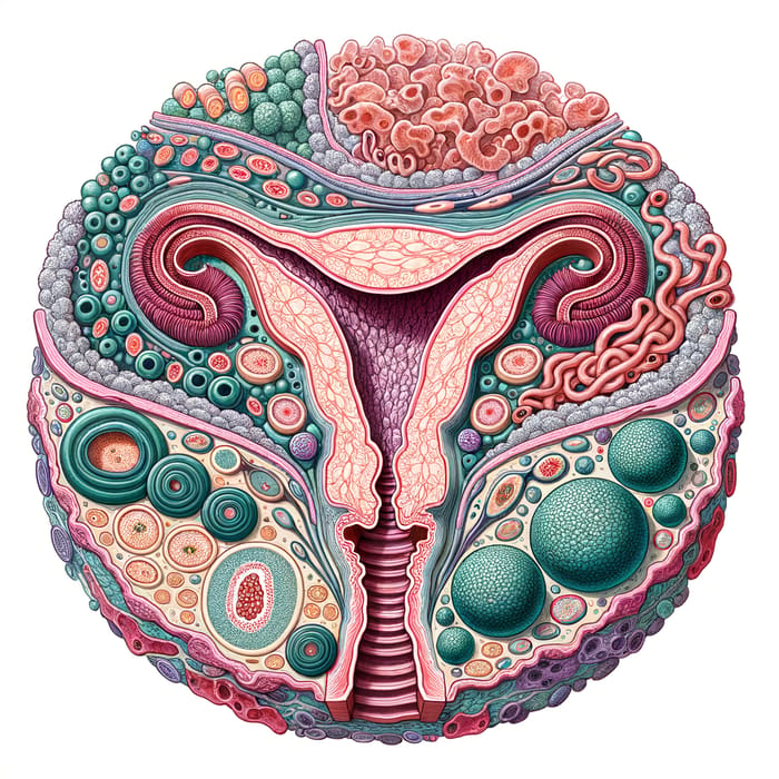 Detailed Endometrial Tissue Cross-Section: Cells & Immune Components