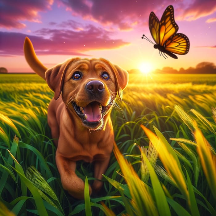 Playful Brown Labrador Retriever Frolicking in Serene Field | Dog