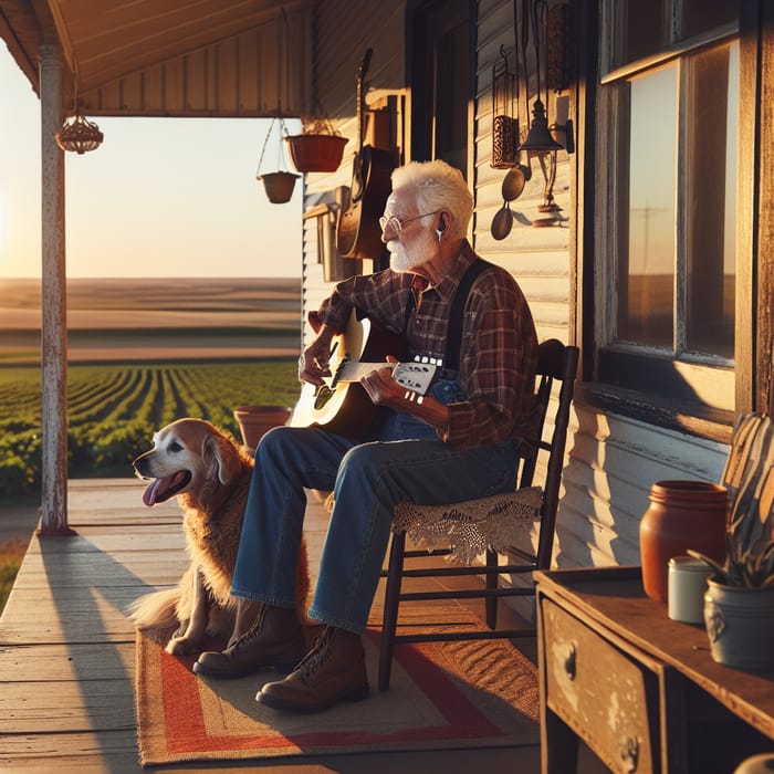 Elderly Man Playing Guitar on Farmhouse Porch with Old Dog Elderly Man Playing Guitar on Farmhouse Porch with Old Dog