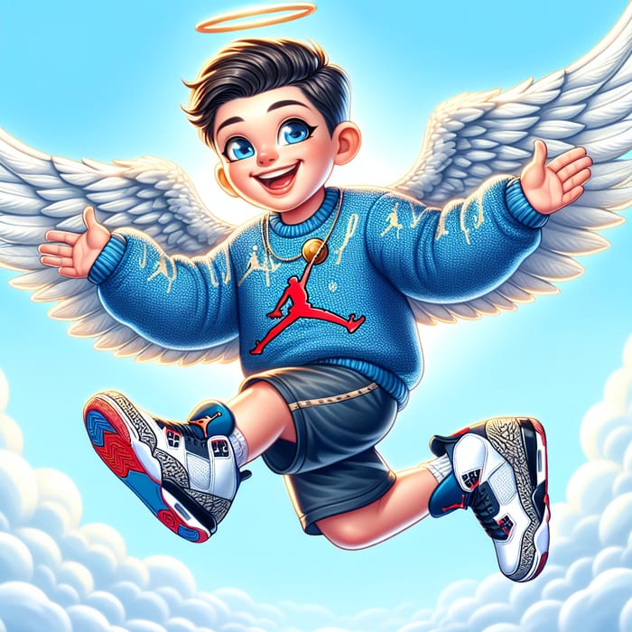 Cheerful Angel in Jordan Sneakers and Cartoon Style Sweater