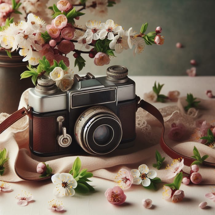 Vintage Camera with Spring Flowers