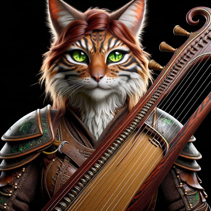 Majestic Tabaxi with Red Fur, Green Eyes & Enchanting Zither