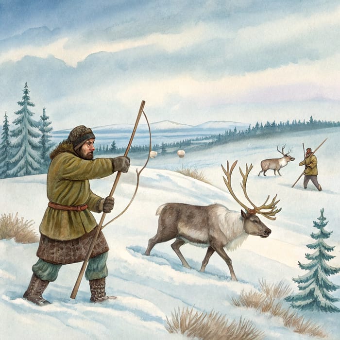 Stone Age Reindeer Hunters - Watercolor Art