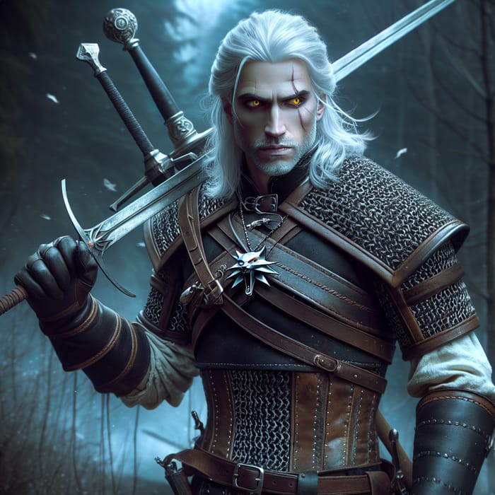 The Witcher in Dark Forest - Illustration of Legendary Monster Hunter