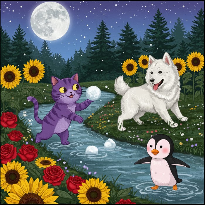 Whimsical Snowball Fight with a Cat, Penguin, and Dog Whimsical Snowball Fight with a Cat, Penguin, and Dog