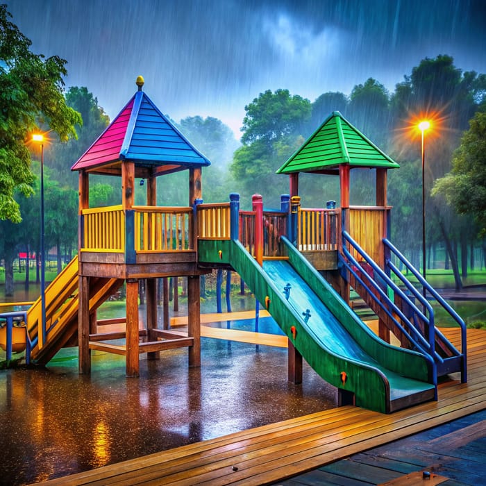 Colorful Children's Playground Fort in Rainy Park Colorful Children's Playground Fort in Rainy Park
