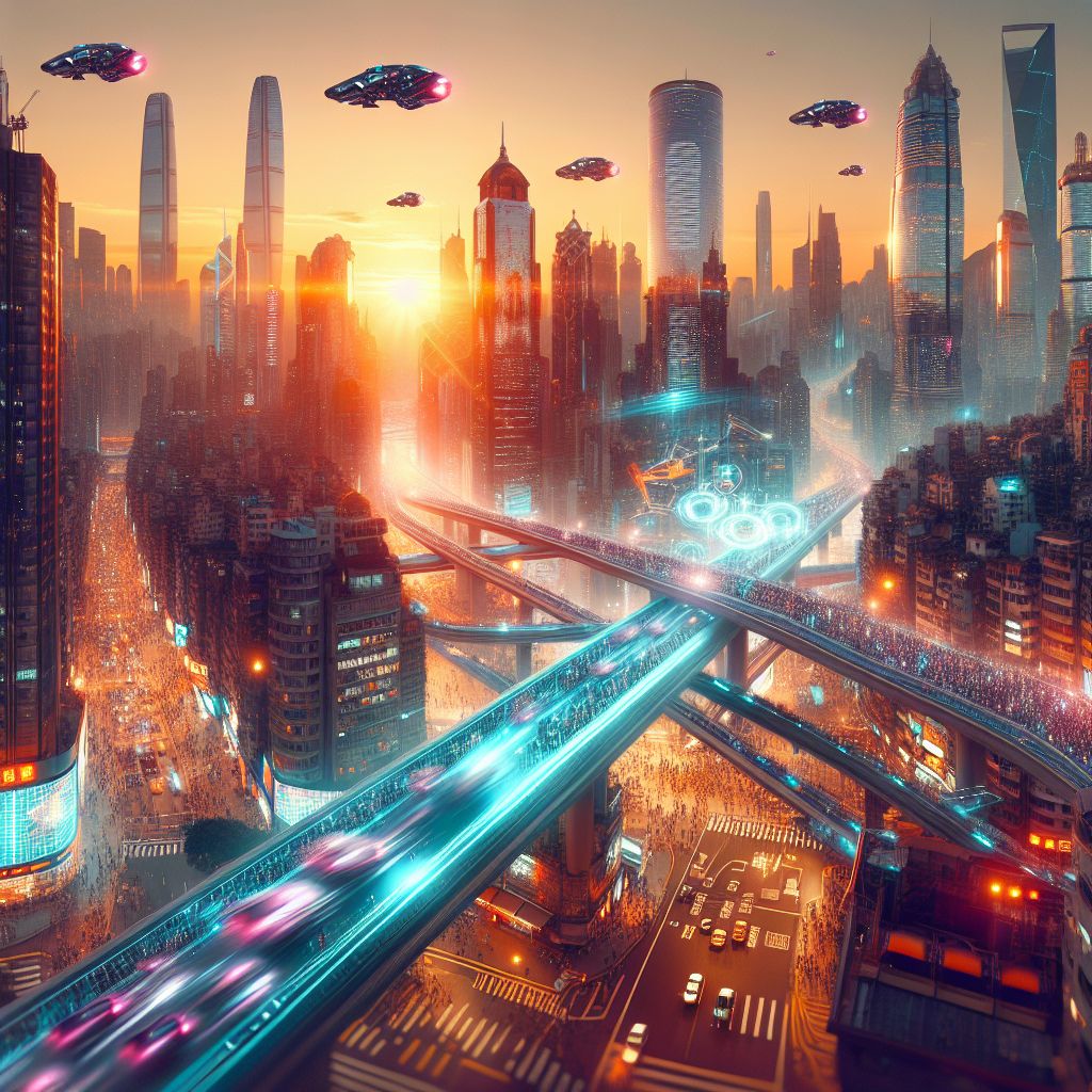 Futuristic Cityscape at Sunset | Diverse Crowd, Flying Cars & Neon ...