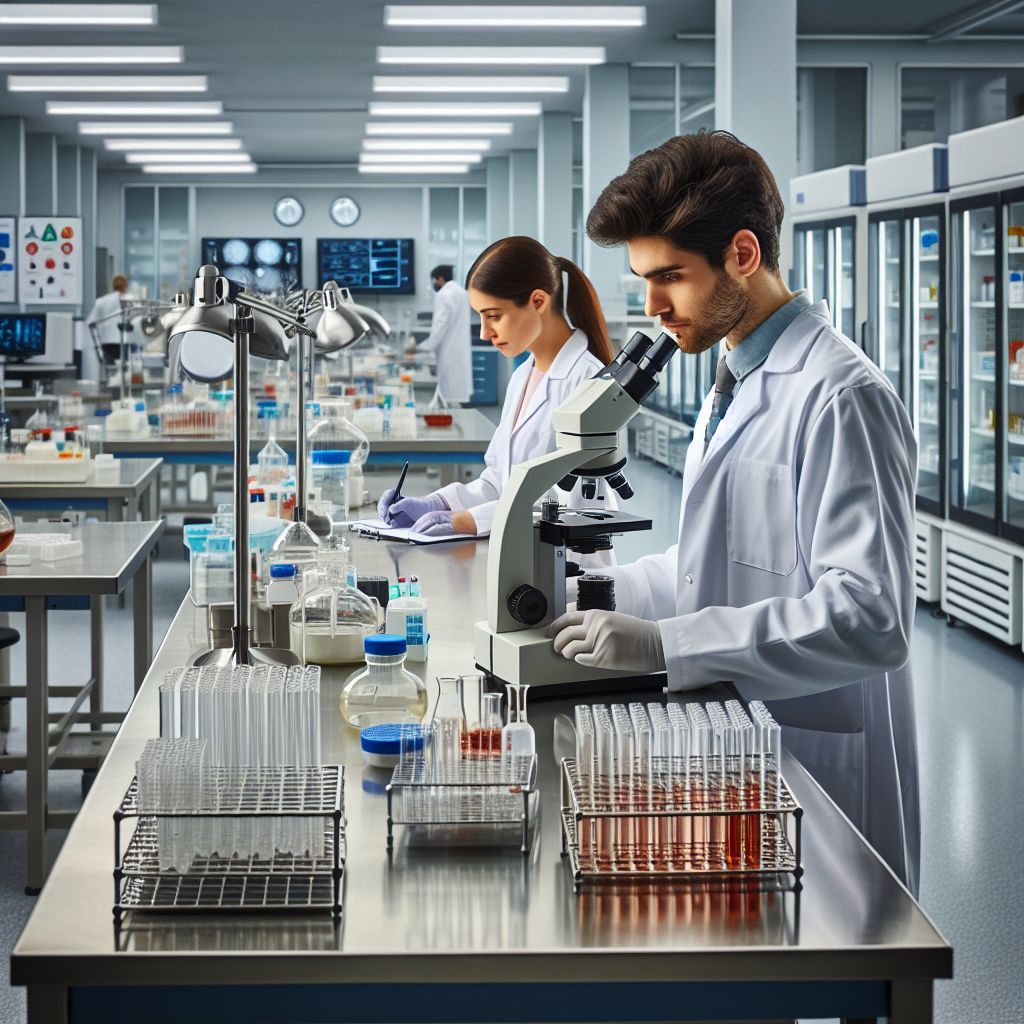 Modern hospital laboratory with female scientist examining specimen