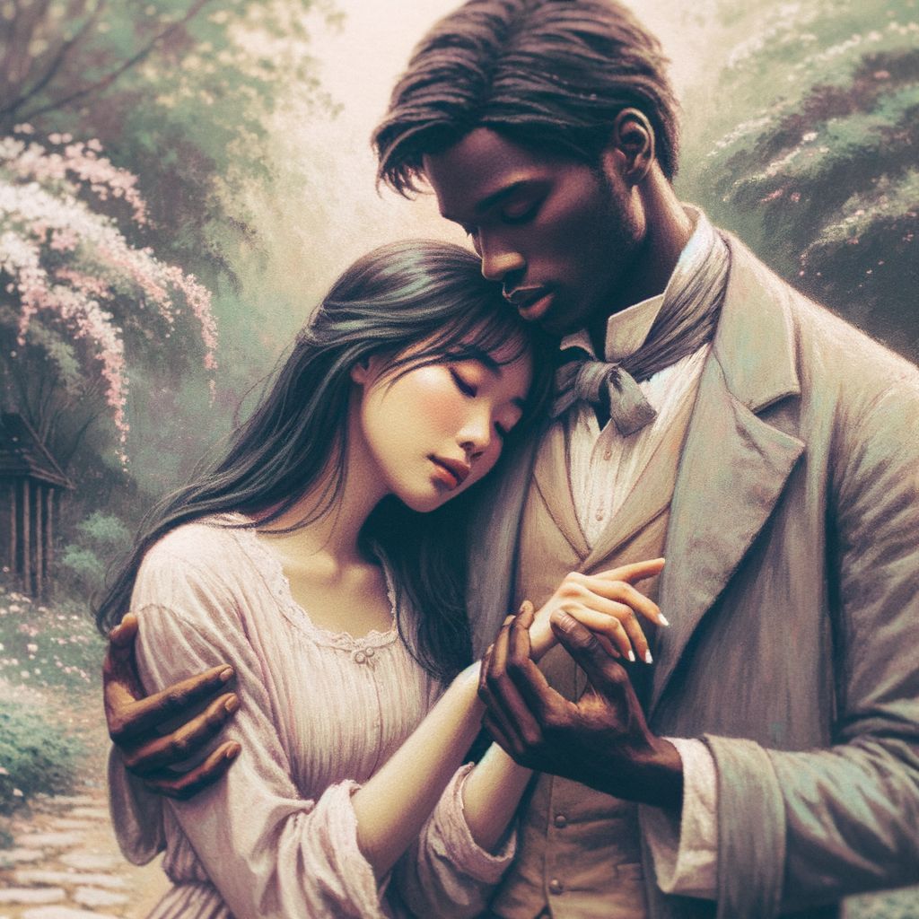 Romantic Asian Woman & Black Man Couple Embracing in Secluded Garden ...