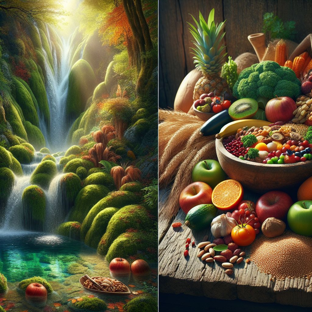 Nature's Bounty Water Cascading on MossCovered Cliff & Abundant