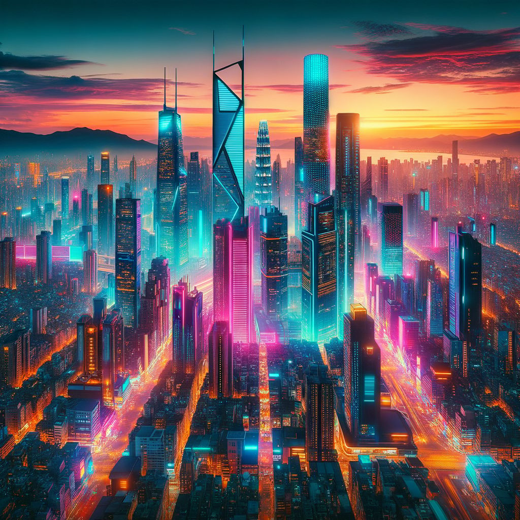 Futuristic Cityscape Sunset View | Neon Lights Drone Shot | AI Art ...