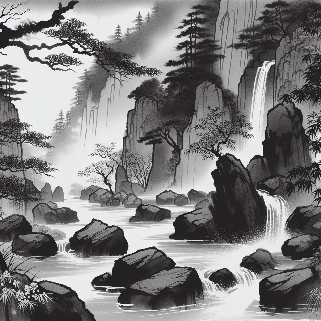 Japanese Sumie Zen Art Waterfall Illustration AI Art Generator