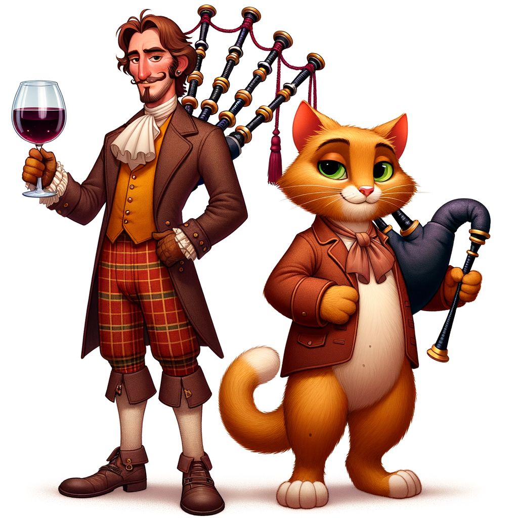 Puss in Boots and Bagpipe Player Enchanting Duo in Winefilled