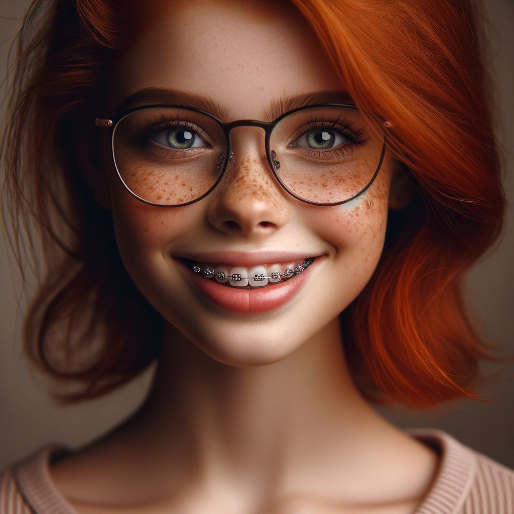 Distinctive British Teenage Girl With Red Hair Freckles Braces AI 