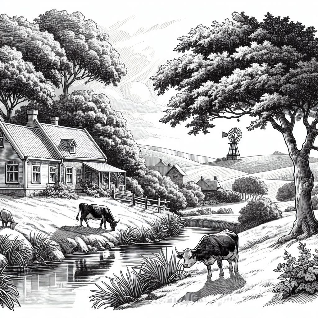 Peaceful Rural Scene - Quaint Farmhouse, Grazing Cows & Windmill | AI ...