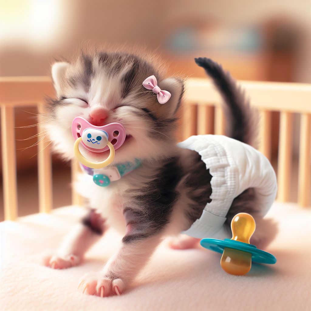 Newborn Kitten in Crib Cute Baby Cat in Diapers AI Art Generator