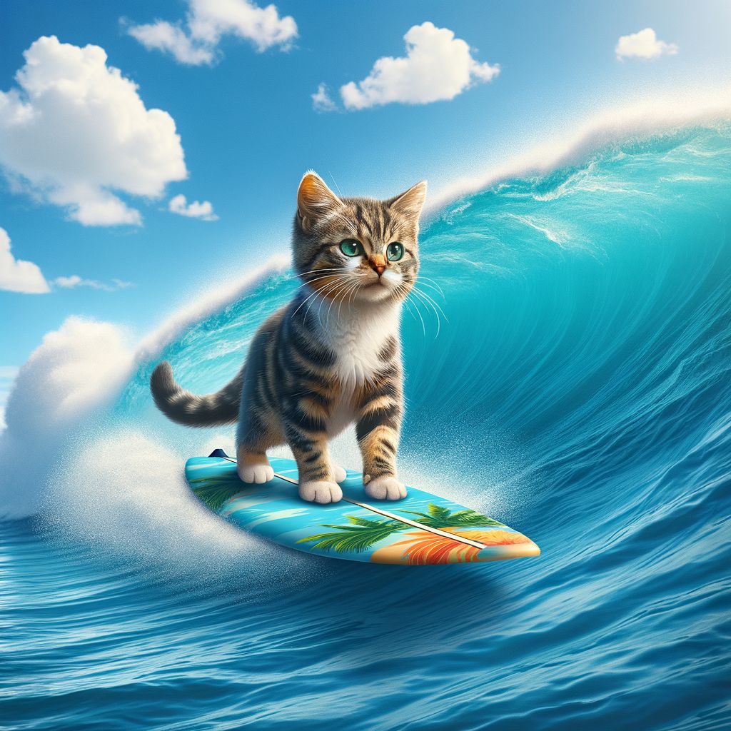 Cat Surfing on Wave: Effortless Balance in Sunny Ocean | AI Art ...