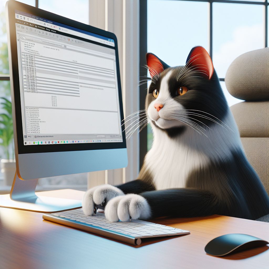 Black and White Cat at Computer Whimsical Illustration AI Art