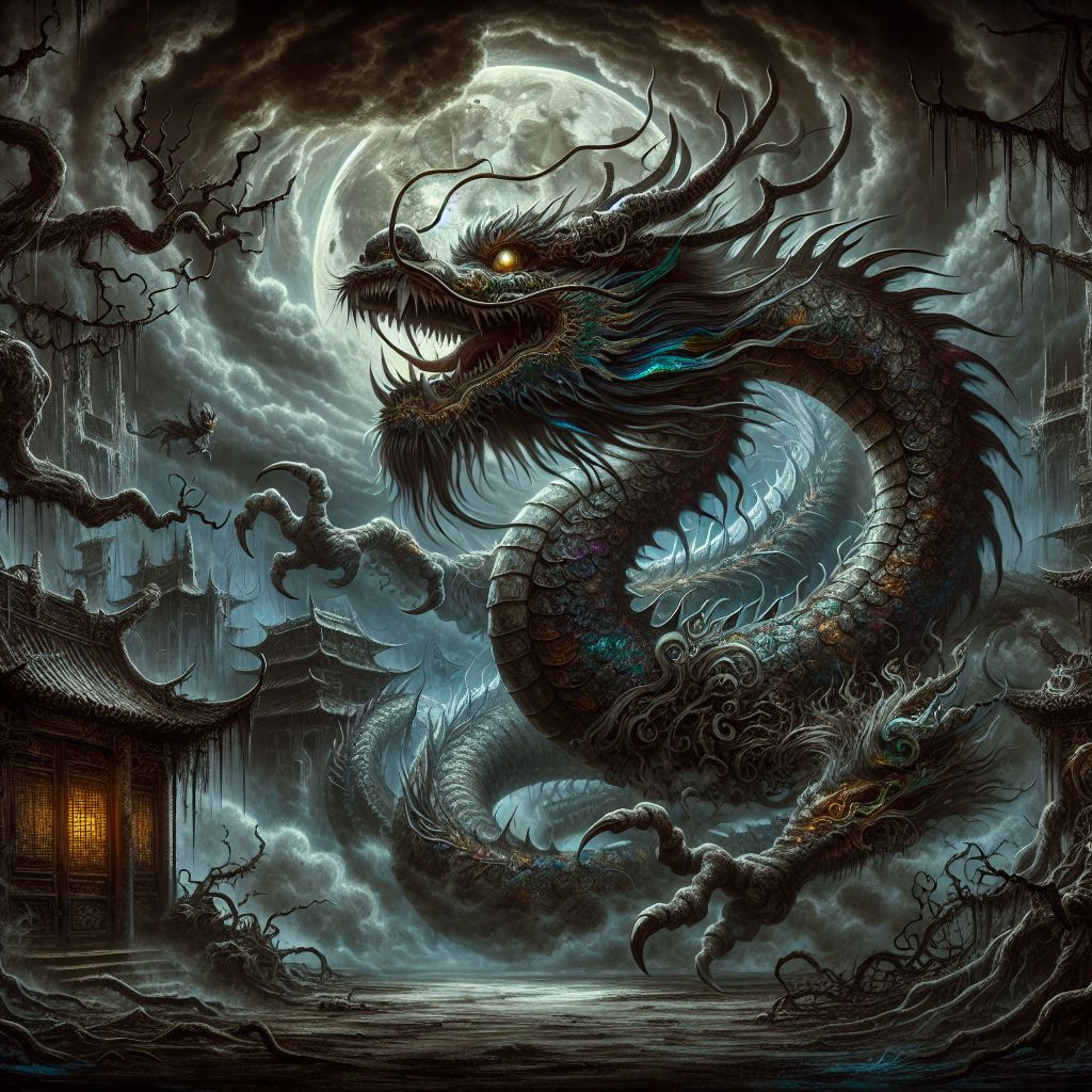 Fearsome Chinese Dragon in Nightmarish Landscape | AI Art Generator ...