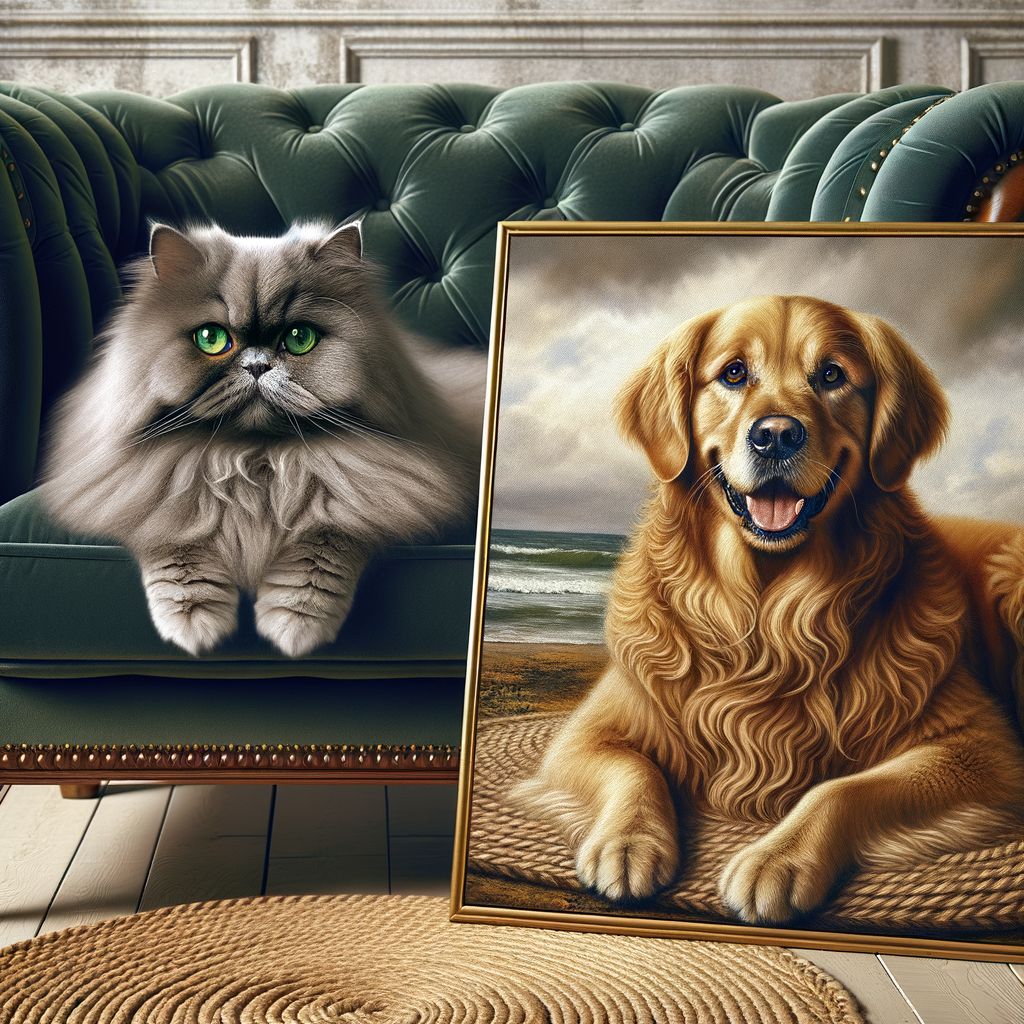 Fluffy Persian Cat & Golden Retriever Peaceful Harmony AI Art