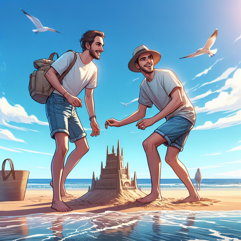 Contemporary Spanish Couple Building Sandcastle On Sunny Beach Ai Art Generator Easy Peasy Ai