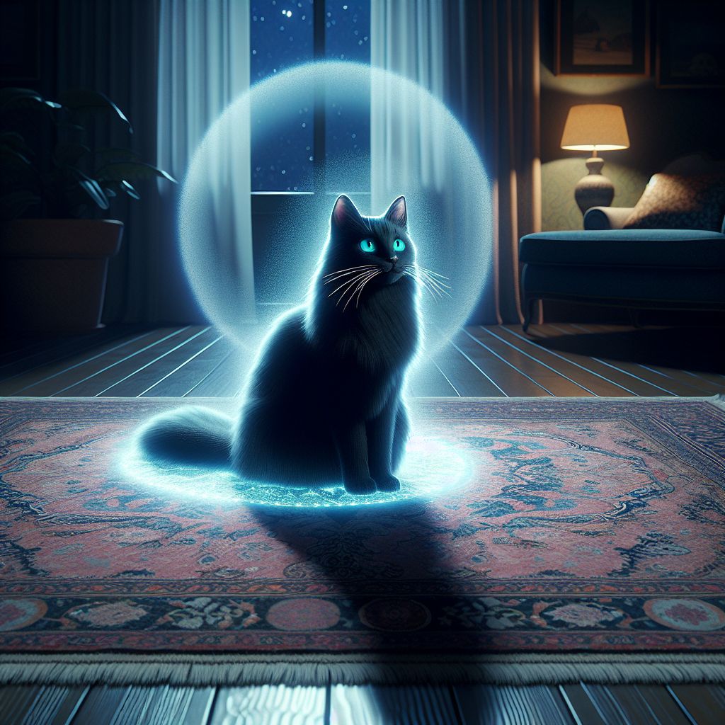 Serene Moonlit Home Setting with Majestic Black Cat and Astral