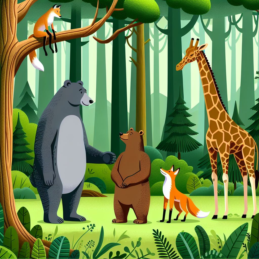 Friendly Conversation: Bear, Giraffe, and Fox in Forest | AI Art ...