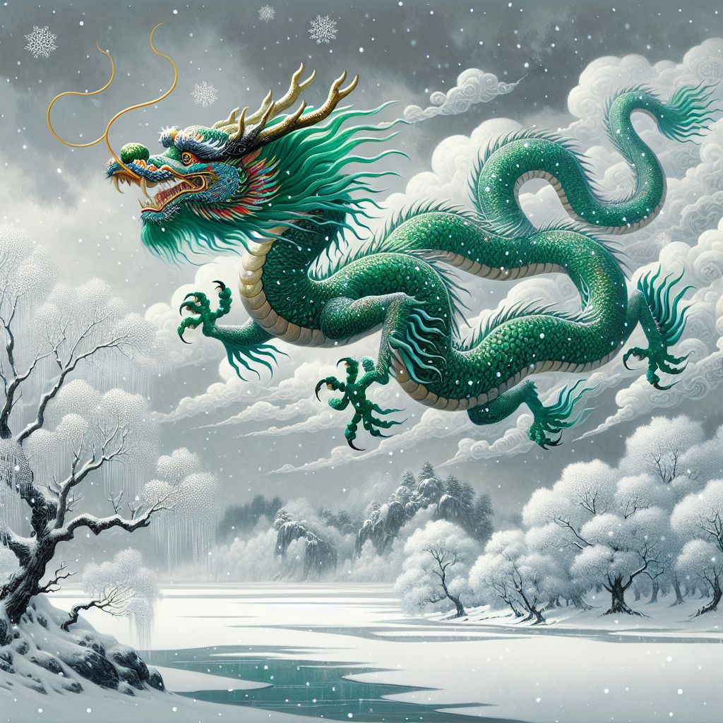 Majestic Emerald-Green Chinese Dragon Soaring Winter Skies | AI Art ...