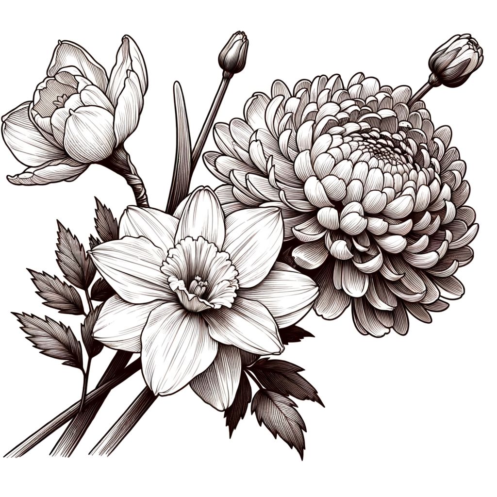 Exquisite Line Art Bouquet Illustration with Daffodil, Chrysanthemum, and  Rose, AI Art Generator