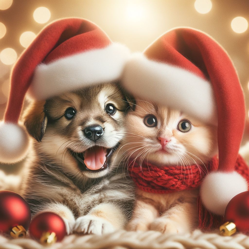 Adorable Kitten and Puppy Wearing Christmas Hats | Warm Holiday Scene ...