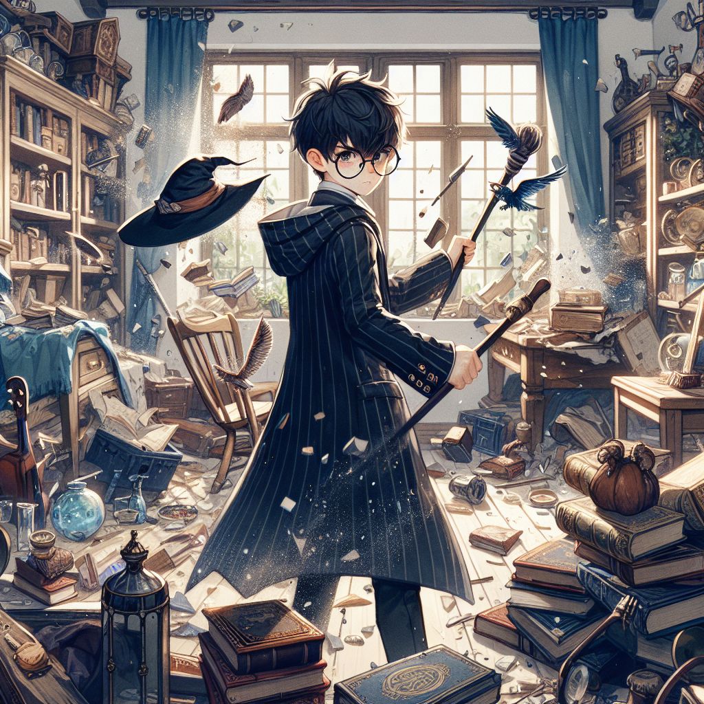 Young Wizard Destroying Whimsical Room with Magical Objects | AI Art