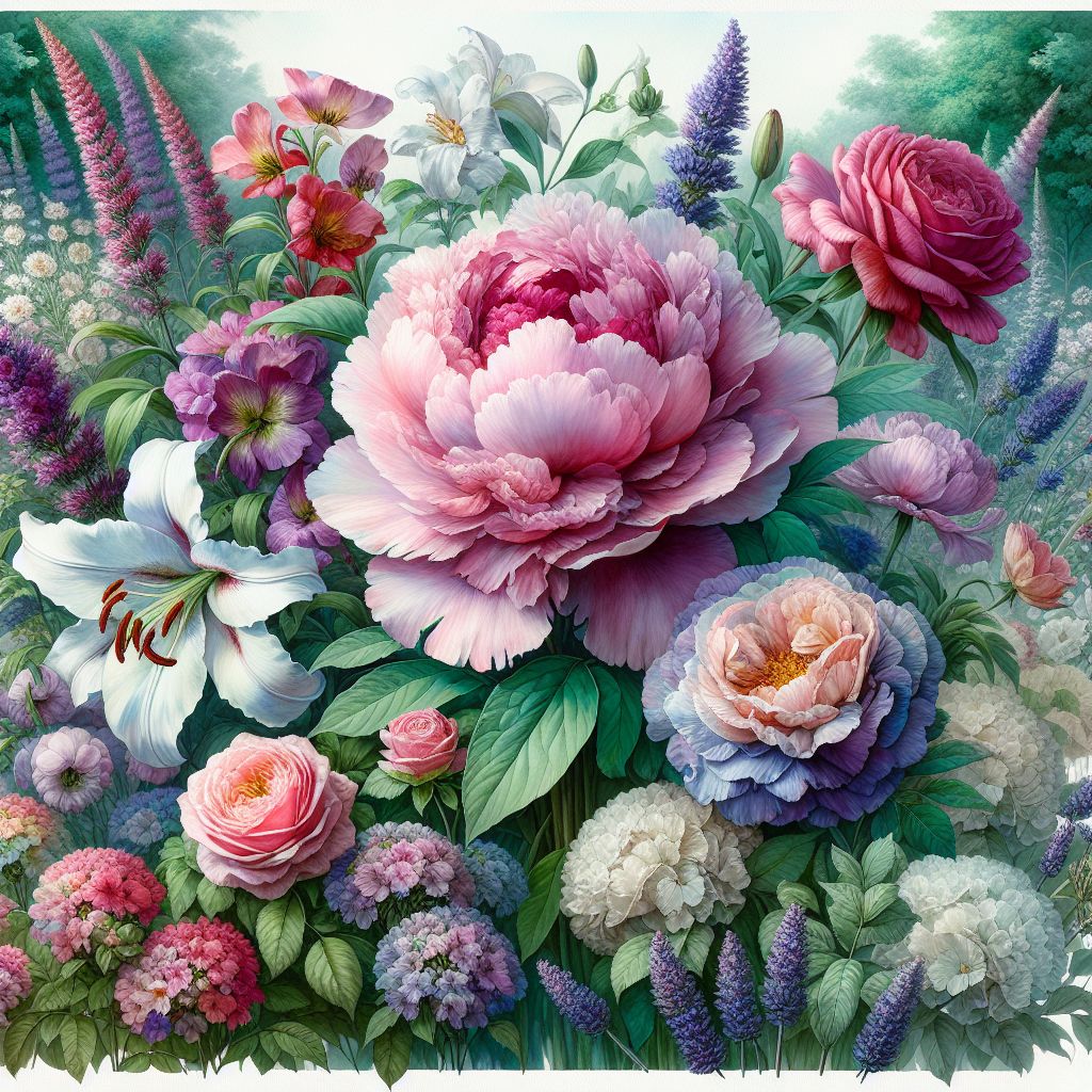 Watercolor Painting of Lush Garden with Peony and Colorful Flowers | AI ...