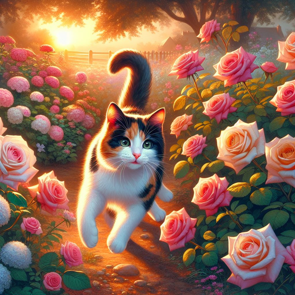Playful Calico Cat Frolicking in Rose Garden at Sunset | AI Art ...