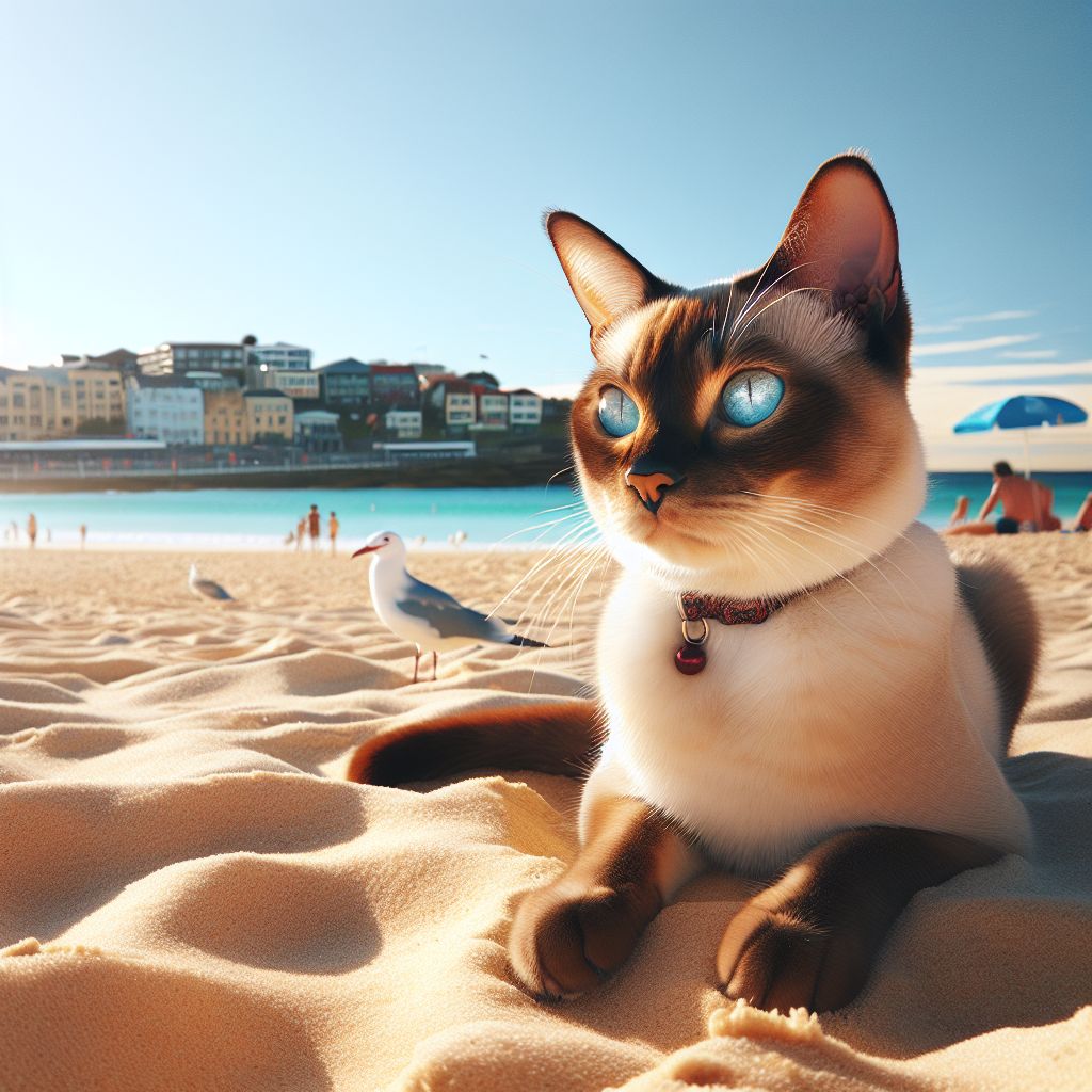 Tonkinese Cat Relaxing on Bondi Beach with Aqua-Blue Eyes | AI Art ...
