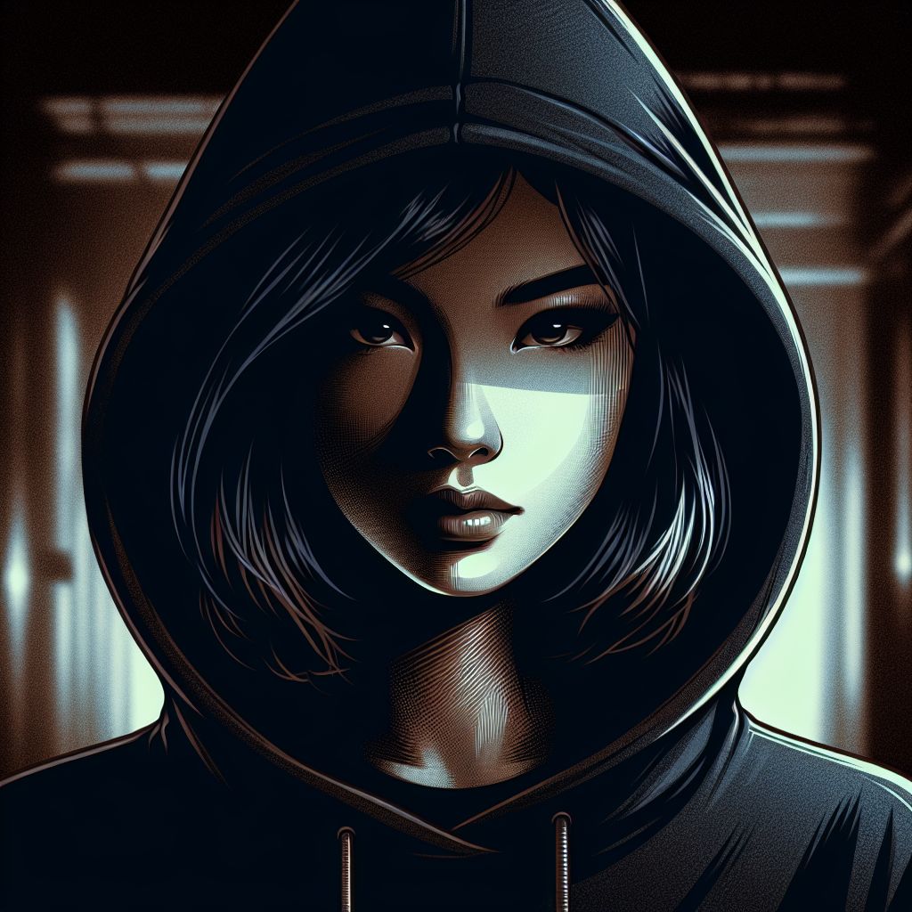 Mysterious Woman in Dark Hoodie Digital Illustration AI Art