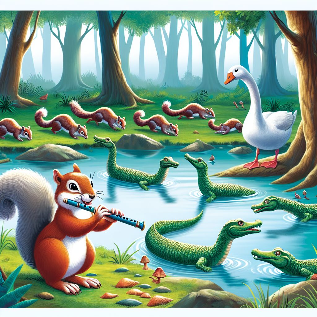 Enchanting Squirrel Flute Performance in Dense Forest AI Art