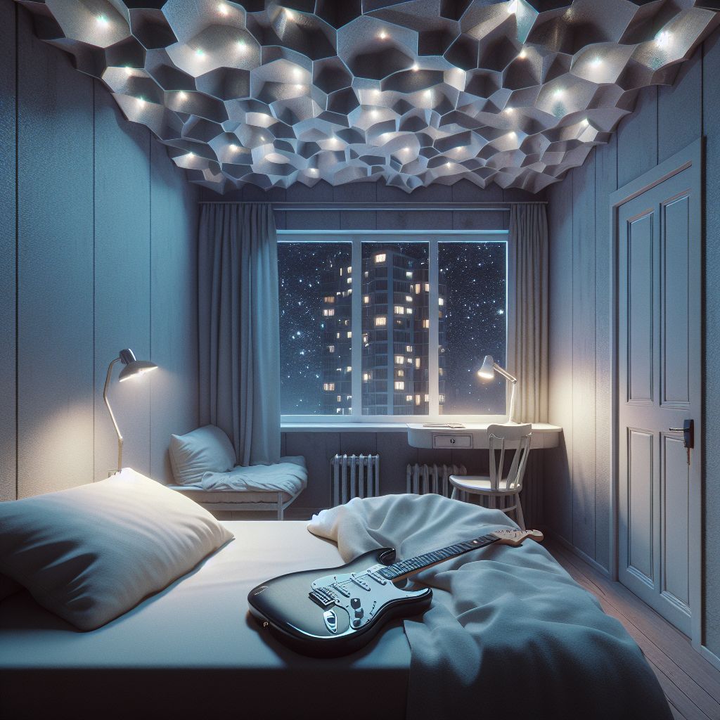 Image showcasing Cozy Apartment with Unique Ceiling Design and Silverburst Guitar | AI ...