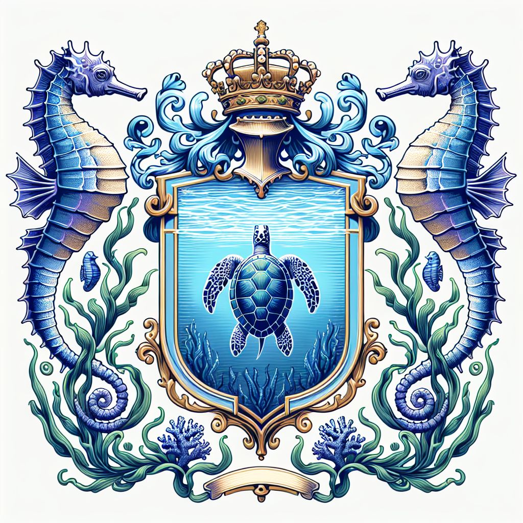 Ocean Theme Coat Of Arms With Turtle And Seahorses AI Art Generator 