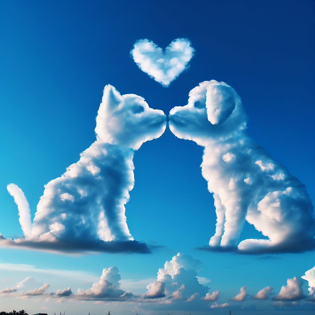 Whimsical Cats and Dogs Sharing Kisses in the Sky | AI Art Generator ...