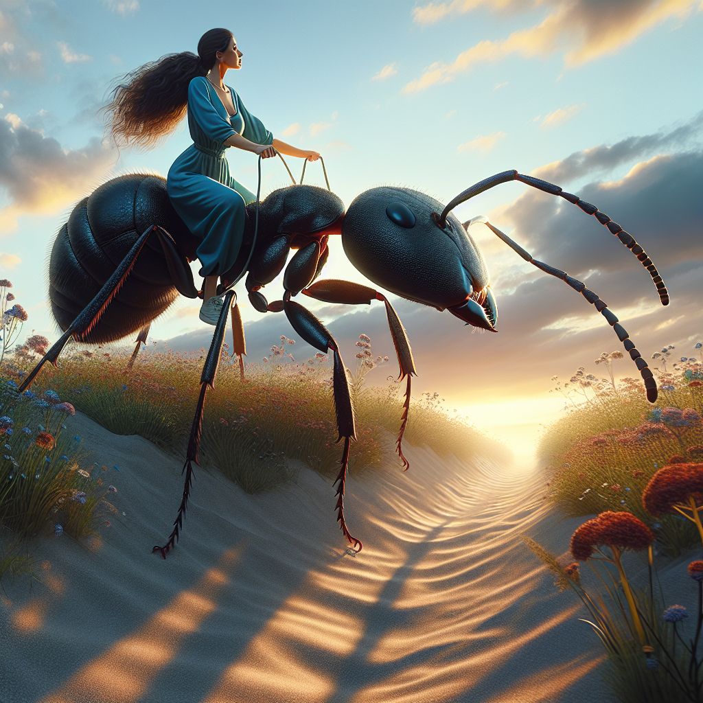 Woman Riding Giant Ant on Sandy Path Unusual Insect Interaction AI