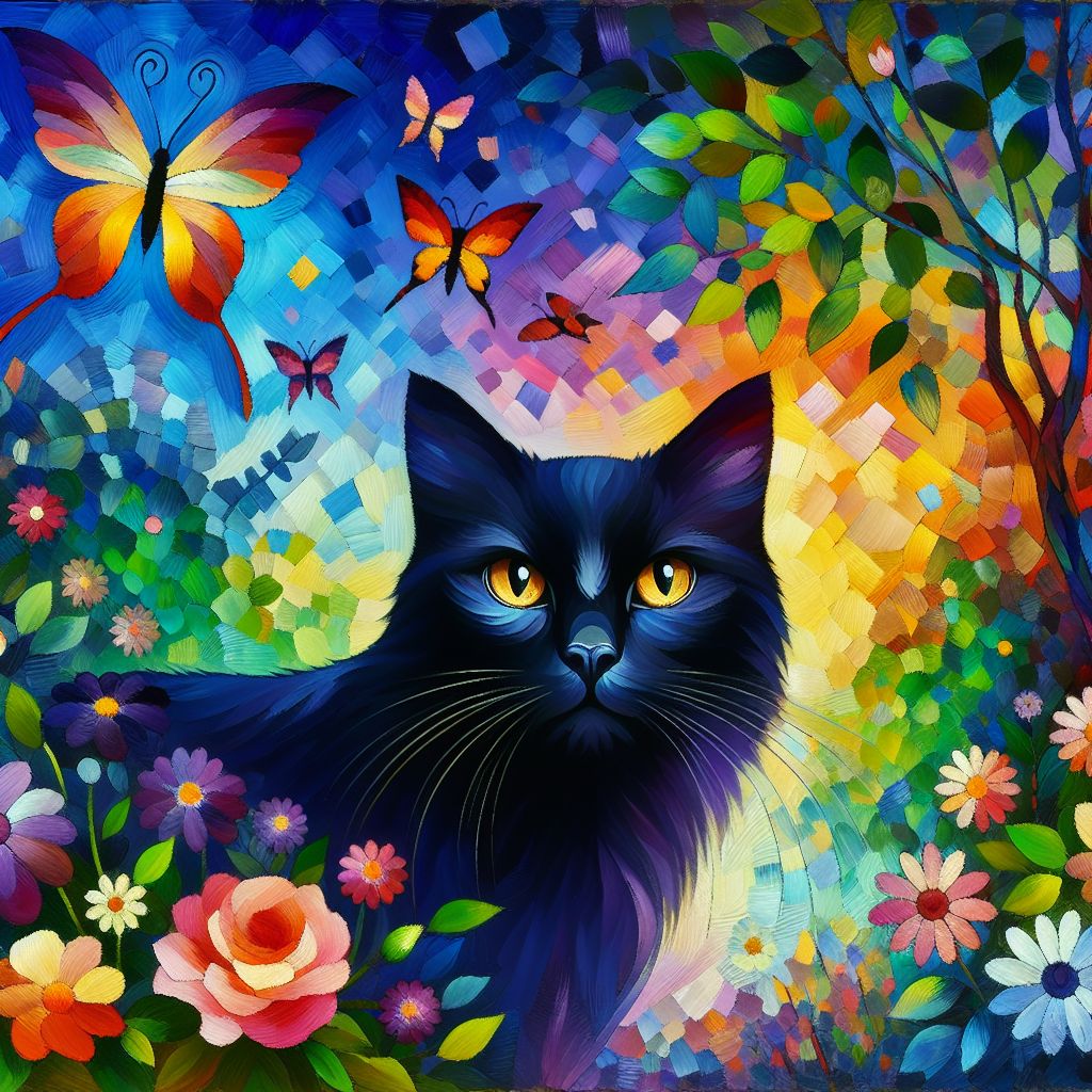 Majestic Black Cat in Vibrant Garden - Impressionistic Artwork | AI Art ...