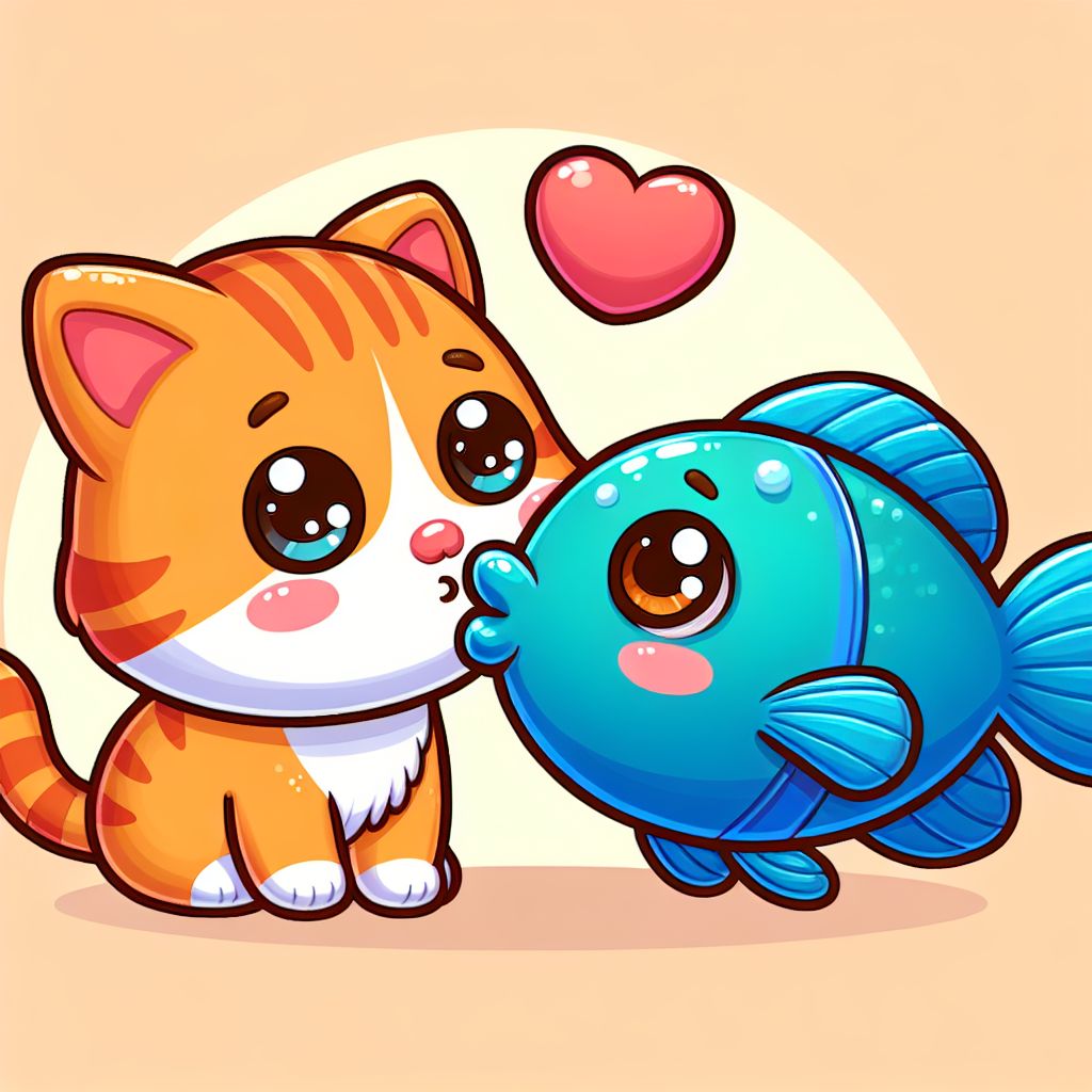 Cat Kisses Blue Fish 