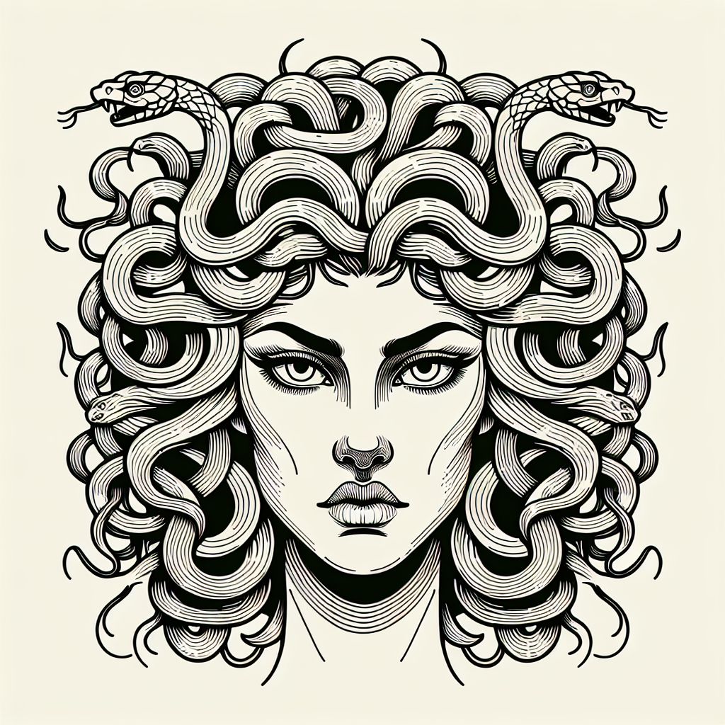 Gorgon Illustration in Line Art Style - Mythological Design | AI Art ...