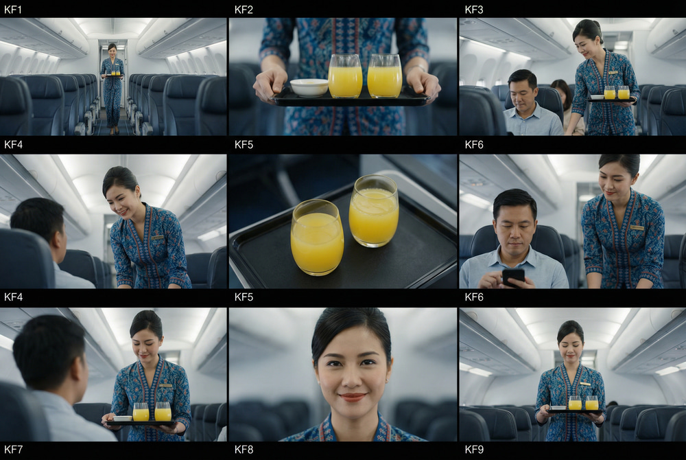 Nine-keyframe AI storyboard of a flight attendant walking down an airplane aisle and serving orange juice to a passenger